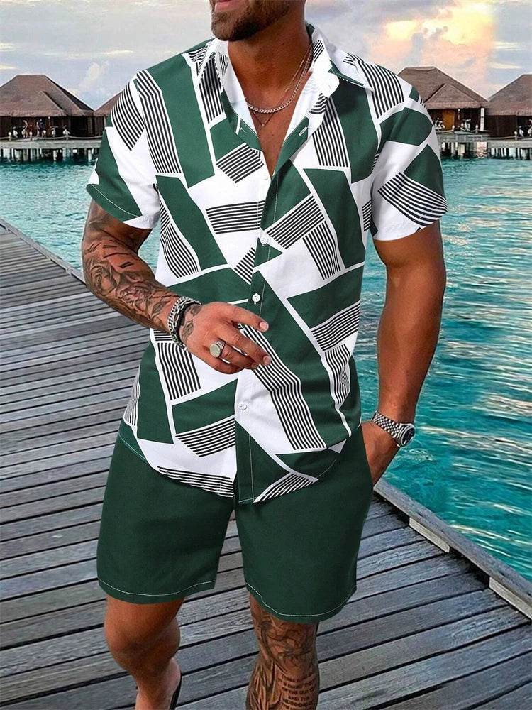 Summer New Men's Short Sleeve Shirt and Shorts 2 Piece Set Fashion Coconut Tree Print Lapel Shirt Beach Drawstring Shorts Set