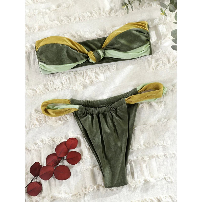 Rinabe Patchwork Bikinis Sexy Bikini Set Bandeau Swimsuit For Women Bathing Suits 2024 Biquini Micro Thongs Swimming Beach Cloth
