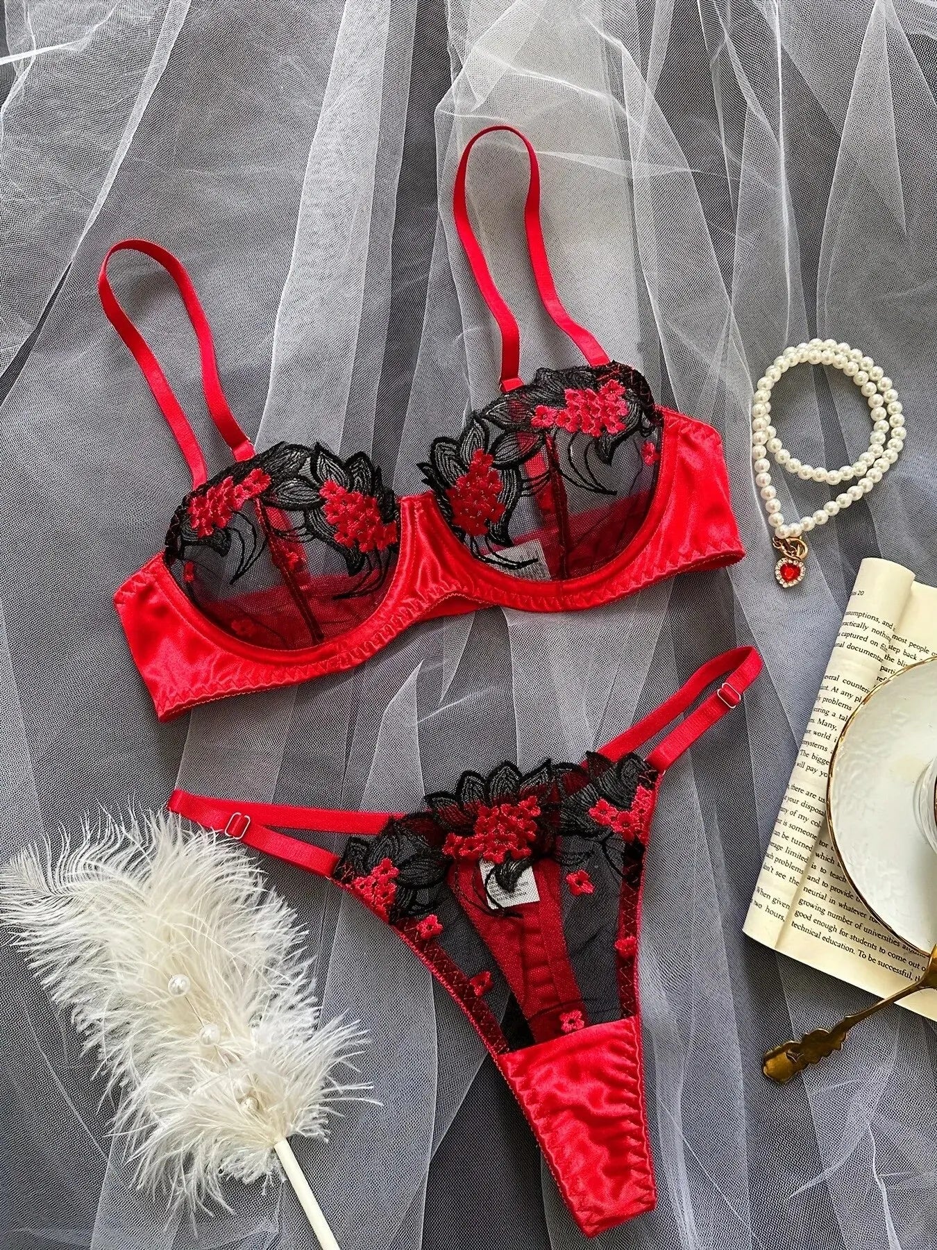 1 Set Floral Embroidery Lingerie Set: Semi-Sheer Unlined Bra & Thong, Mesh Stitching, Comfortable, Hand-Washable