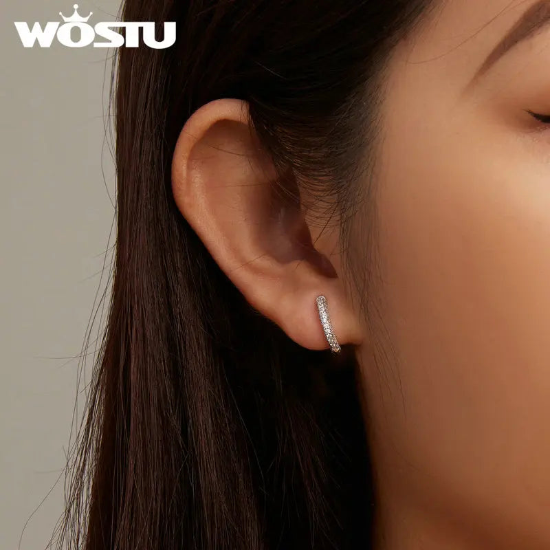 WOSTU 925 Sterling Silver European Simple CZ Ear Buckles Heart Hoop Earrings for Women Wedding Gift Minimalism Jewelry E737