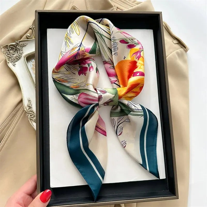 Luxury Print Silk Feeling Square Scarf Women Spring Neck Tie Shawl Wraps Female 70cm Hair Hand Wrist Headkercheif Hijab Bandana