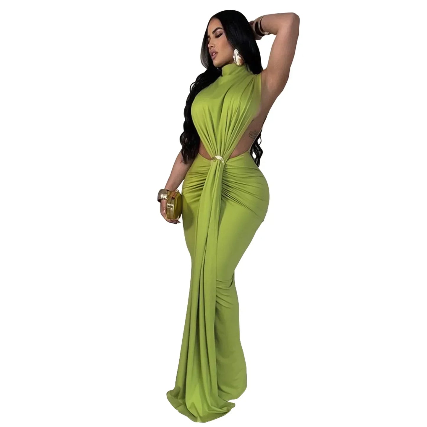 Women O-neck High Split Ruched Stacked Bodycon Midi Maxi Dress 2024 Evening Party Club Vestidos Sexy Chic Long Dresses