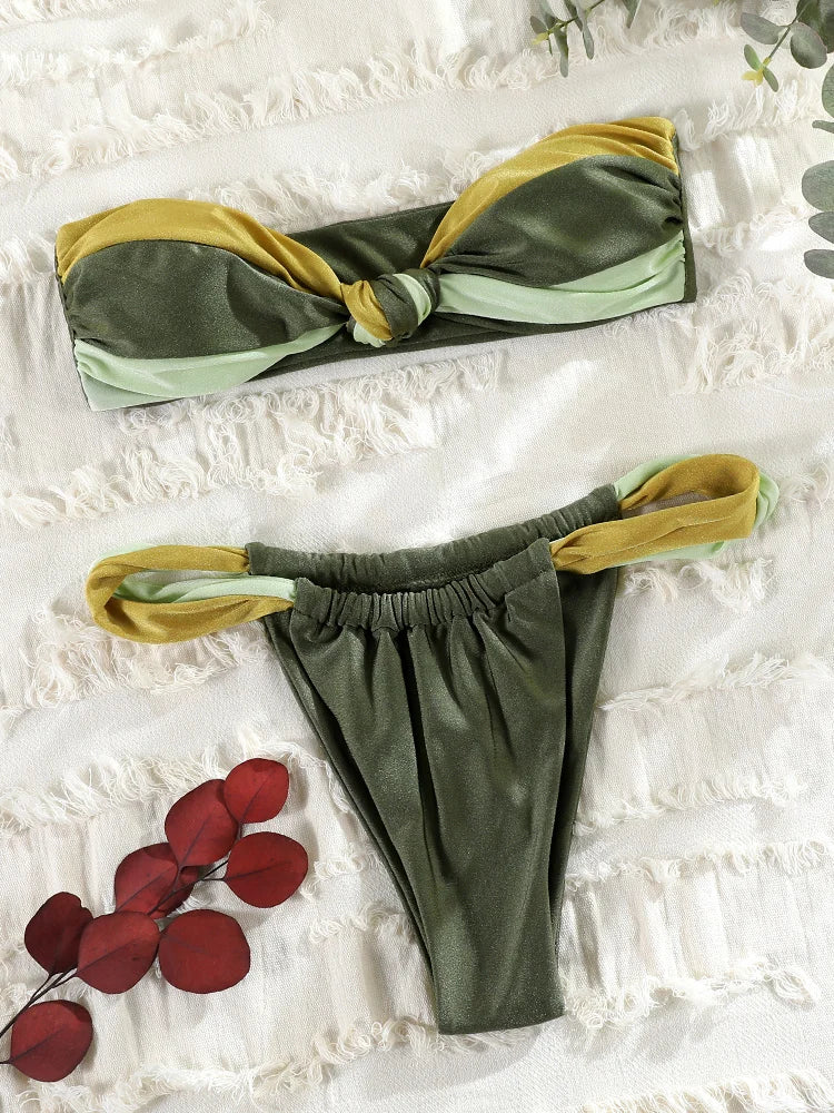 Rinabe Patchwork Bikinis Sexy Bikini Set Bandeau Swimsuit For Women Bathing Suits 2024 Biquini Micro Thongs Swimming Beach Cloth