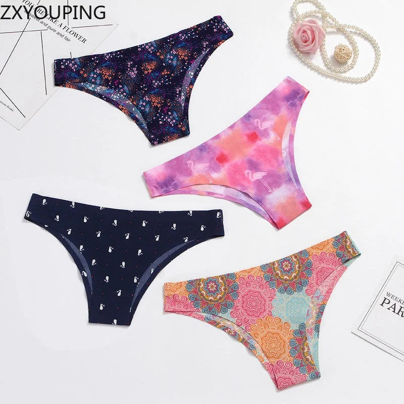 3PCS Ice Silk panties Ultra thin Seamless Underwear Soft Breathable Sexy lingerie Printing Briefs Women XS-L