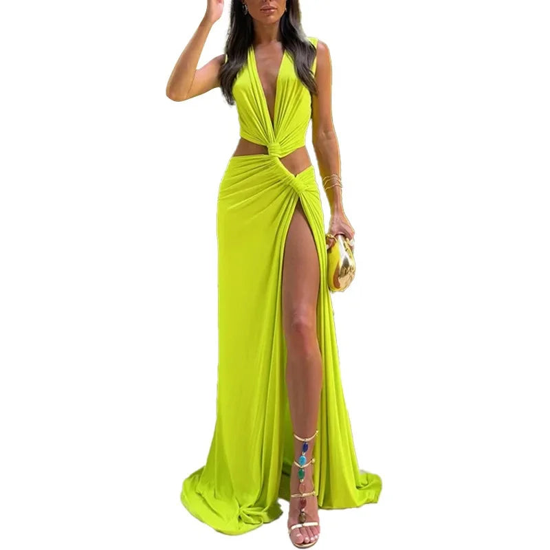 Fashion Party Dress Hollow Out Sexy Slit Evening Dresses for Woman V-neck Off-the-shoulder Sleeveless Formal Prom Gowns Vestidos