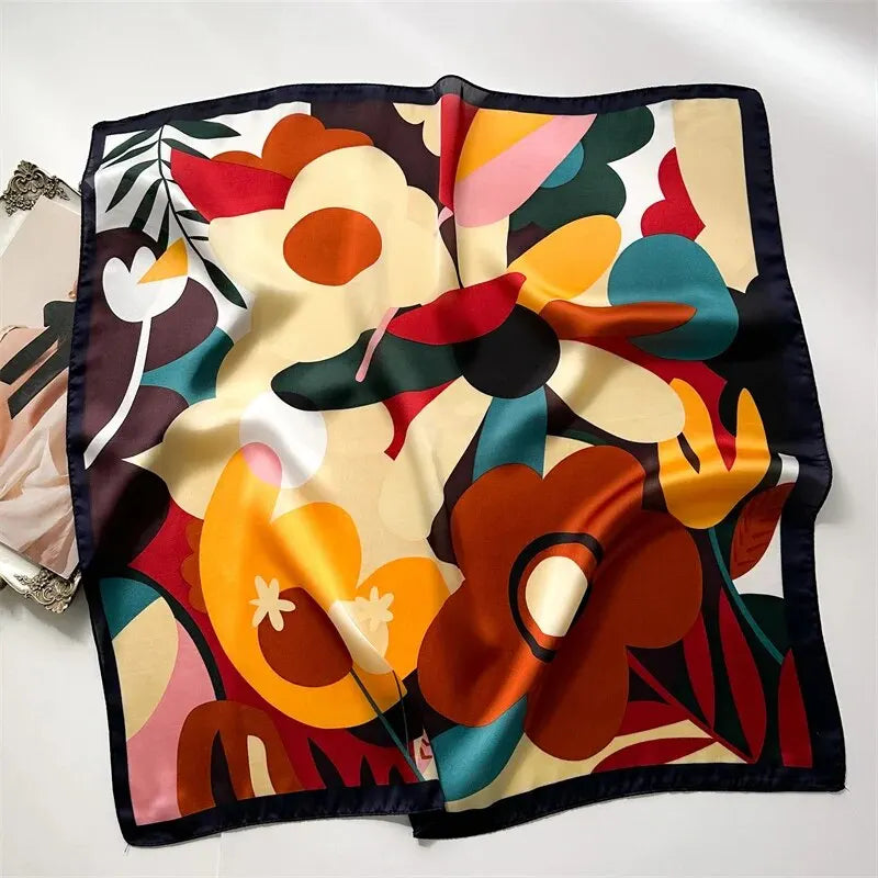 Luxury Print Silk Feeling Square Scarf Women Spring Neck Tie Shawl Wraps Female 70cm Hair Hand Wrist Headkercheif Hijab Bandana