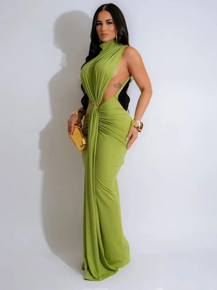 Women O-neck High Split Ruched Stacked Bodycon Midi Maxi Dress 2024 Evening Party Club Vestidos Sexy Chic Long Dresses