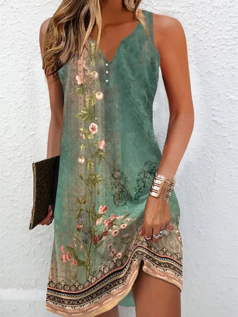 Women's Dresses 2023 Summer Vintage Flower Print Stitching V Neck Mini Dress Bohomian Sleeveless Button Plus Size Vestidos