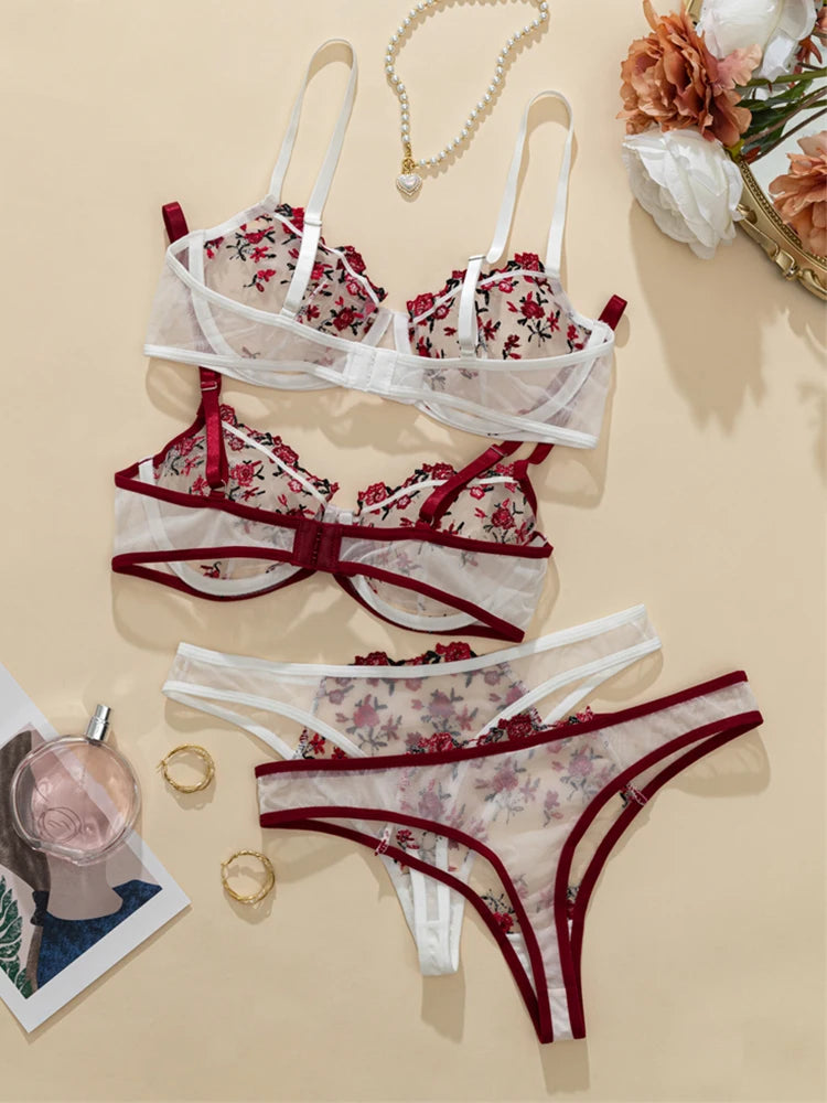 2 Sets Romantic Lingerie Floral Embroidery Women Underwear Transparent Bra Sets Ensemble Sexy Outfit Fantasty Underwear Intimate