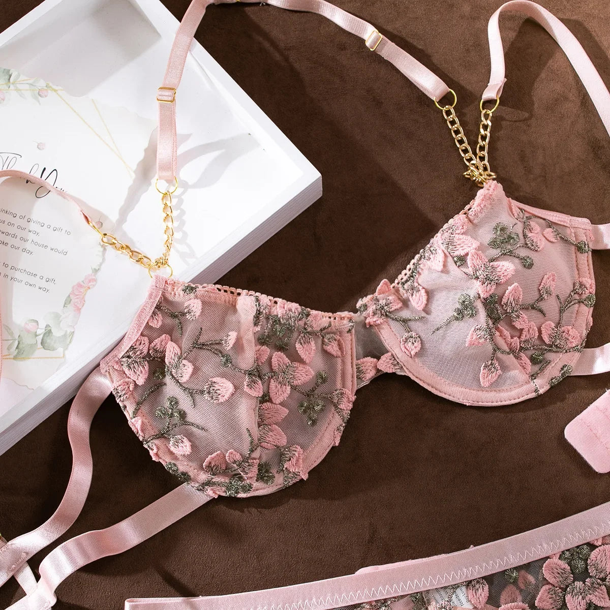 Girl Embroidered Flower Perspective Lingerie Set Women's Sweet Sexy Chain Underwear Female Solid See Though Bra Three Piece Set