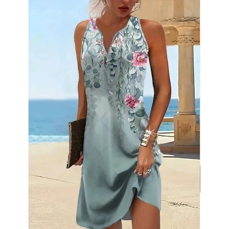 Women's Dresses 2023 Summer Vintage Flower Print Stitching V Neck Mini Dress Bohomian Sleeveless Button Plus Size Vestidos
