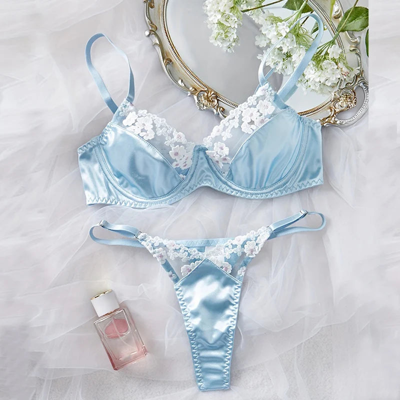 Sexy Blue Lingerie Set Fancy Seamless Underwear Luxury Satin Exotic Sets Delicate Embroidery Matching Outfits Push Up Bra Set