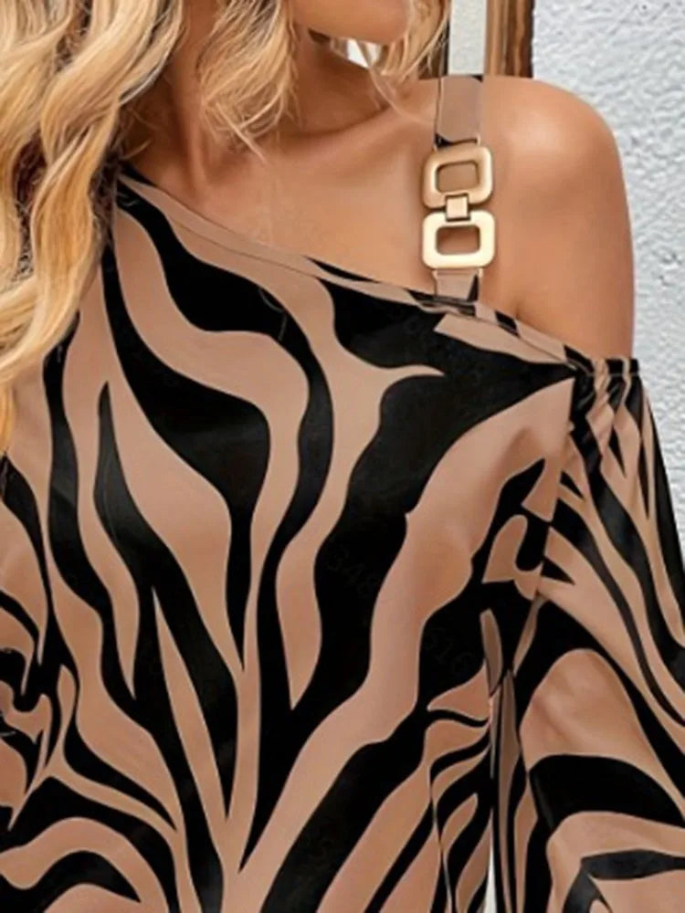 Sexy Women's Fashion Blouses Fall Summer Print Long-sleeve Off-shoulder Metal Buckle Shirts For Women Losse Pullover Streetwear