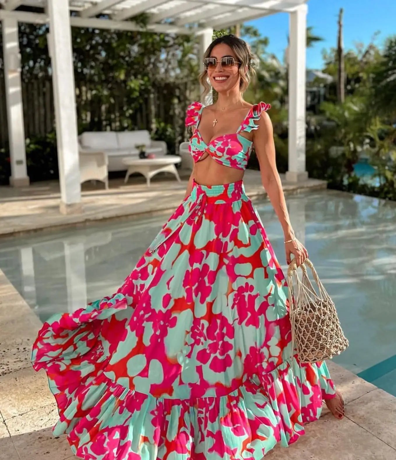 Summer New 2/3 Pieces Skirt Sets Long Skirt With Top V-neck Women's Dress High Waist Split Dresses Beach Outing Sundress