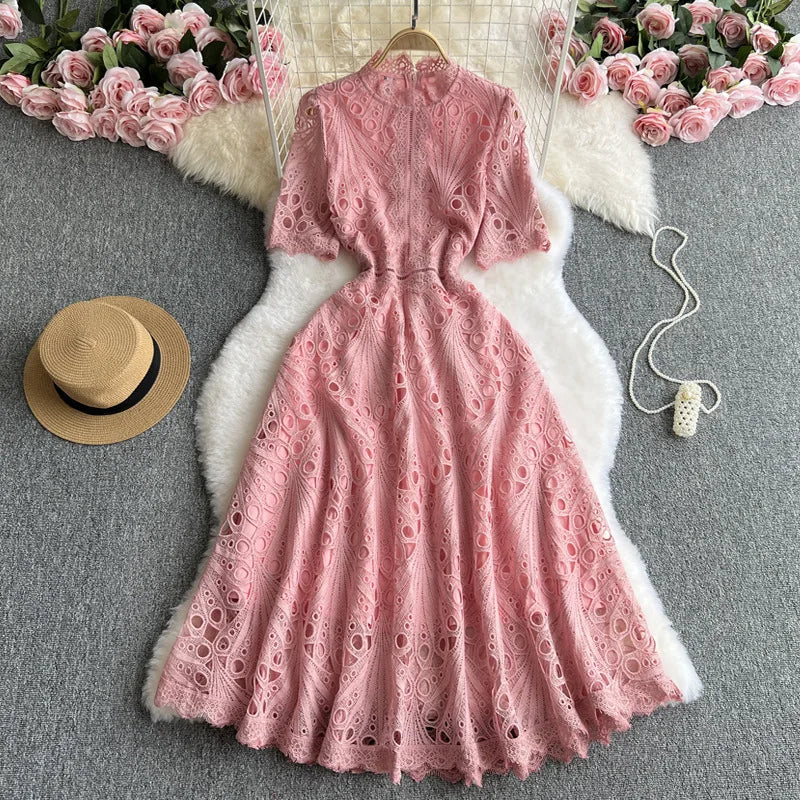 Stock Summer Autumn Holiday Hollow Out Flower Embroidery Lace Evening Prom Dress Women Short Sleeve Midi Long Party Vestidos