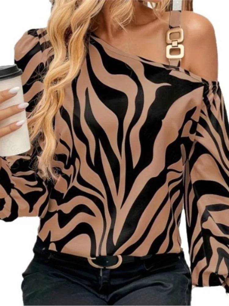 Sexy Women's Fashion Blouses Fall Summer Print Long-sleeve Off-shoulder Metal Buckle Shirts For Women Losse Pullover Streetwear