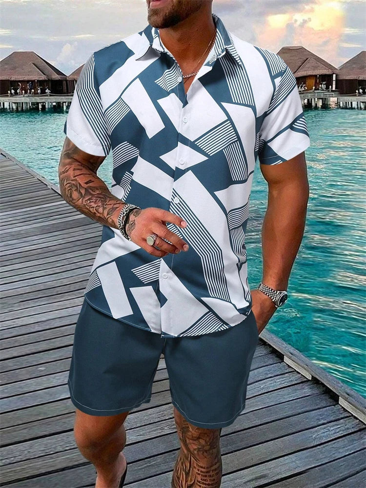 Summer New Men's Short Sleeve Shirt and Shorts 2 Piece Set Fashion Coconut Tree Print Lapel Shirt Beach Drawstring Shorts Set