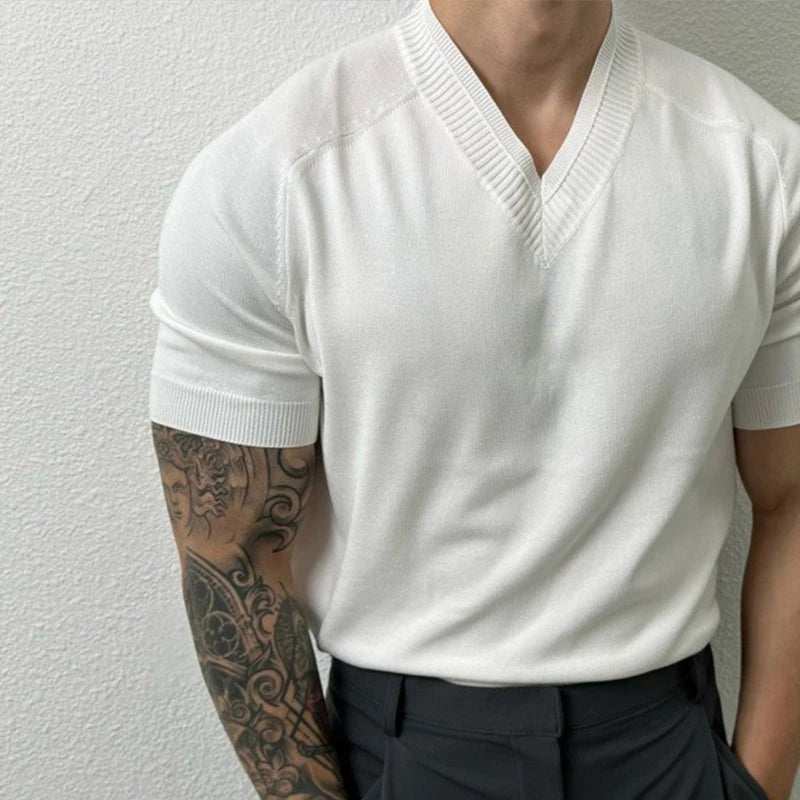 Men's Clothing Light Luxury Knit V Neck Short-sleeved T Shirt Solid Color Leisure Korean Popular Streetwear Retro Knitwear M-3XL