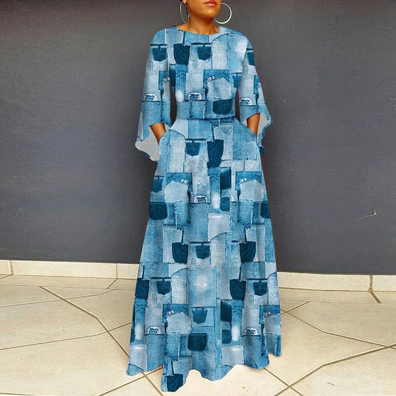 Vintage Women Party Dress Plus Size O Neck 3/4 Sleeve Leopard Print Maxi Long Dress Boho A-Line Pocket Party Dresses