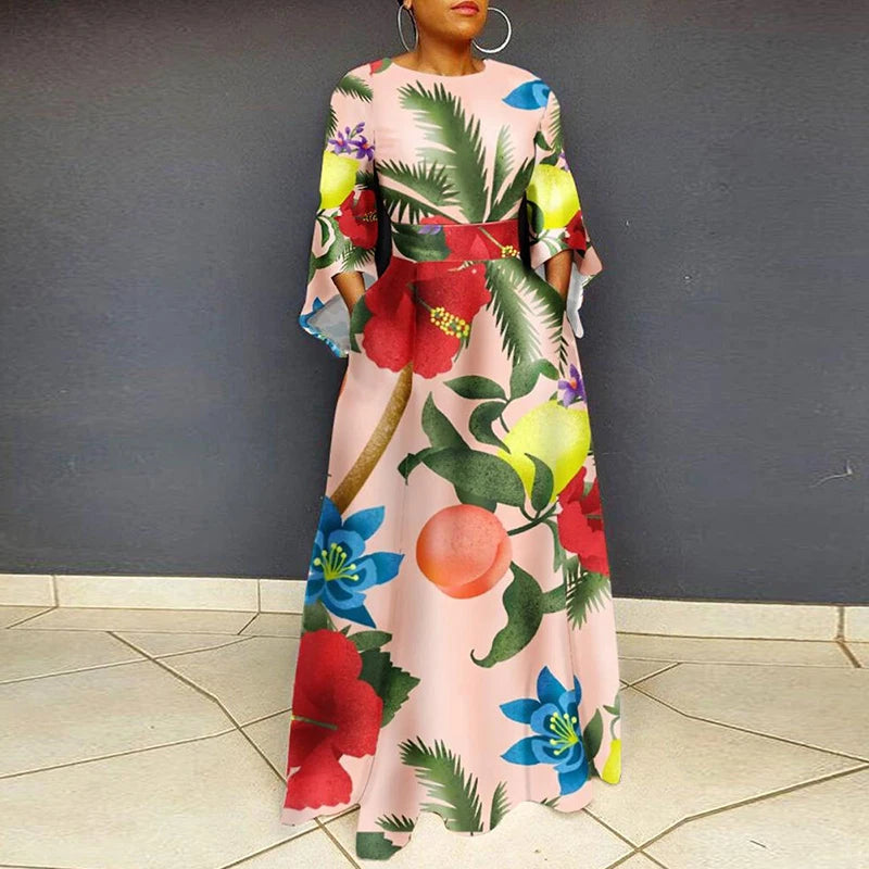 Vintage Women Party Dress Plus Size O Neck 3/4 Sleeve Leopard Print Maxi Long Dress Boho A-Line Pocket Party Dresses