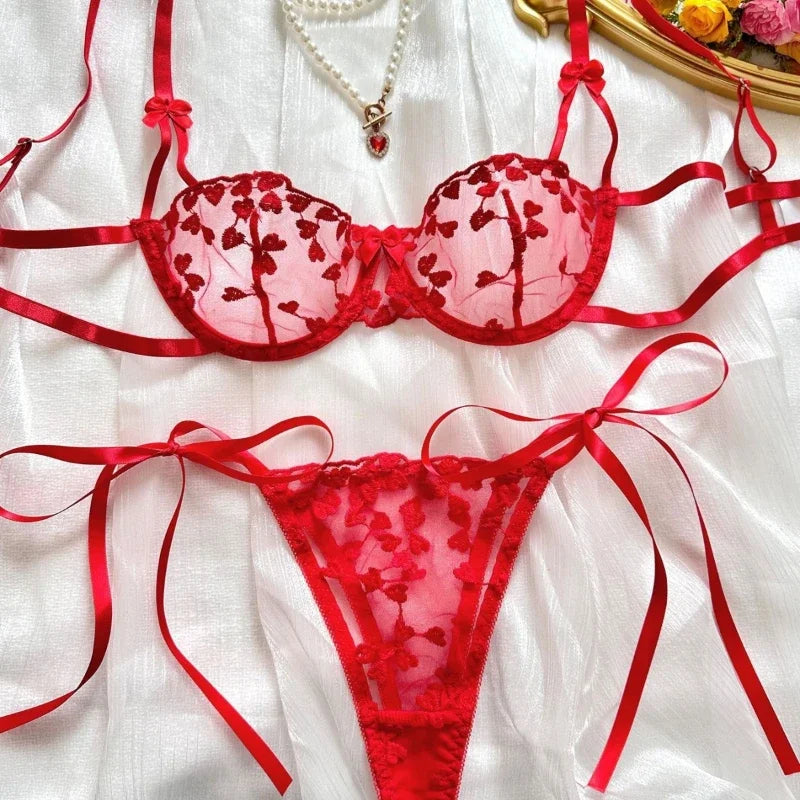 Sexy Lingerie Sets for Women Strap Lace Embroidery Heart-shape Fairy Seamless Underwear See Through Exotic Set Bra and Brief Set