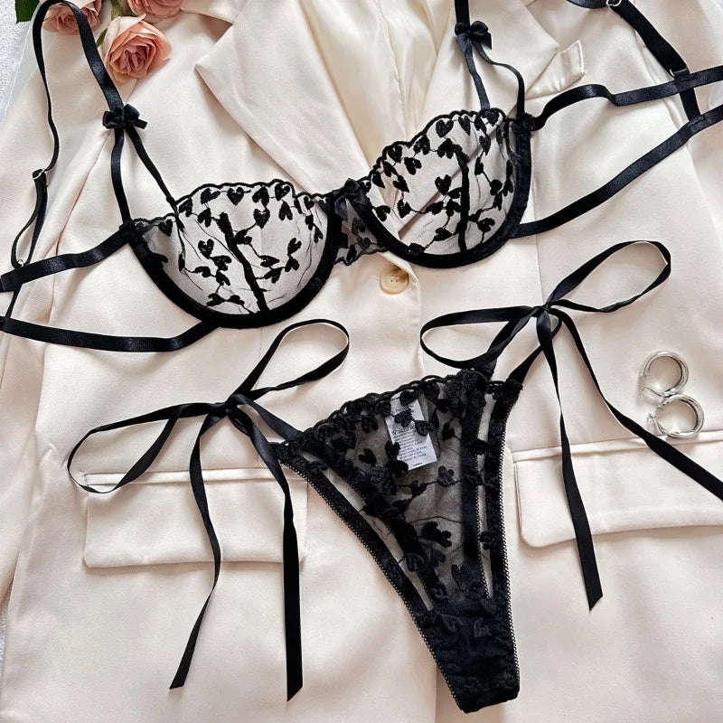 Sexy Lingerie Sets for Women Strap Lace Embroidery Heart-shape Fairy Seamless Underwear See Through Exotic Set Bra and Brief Set