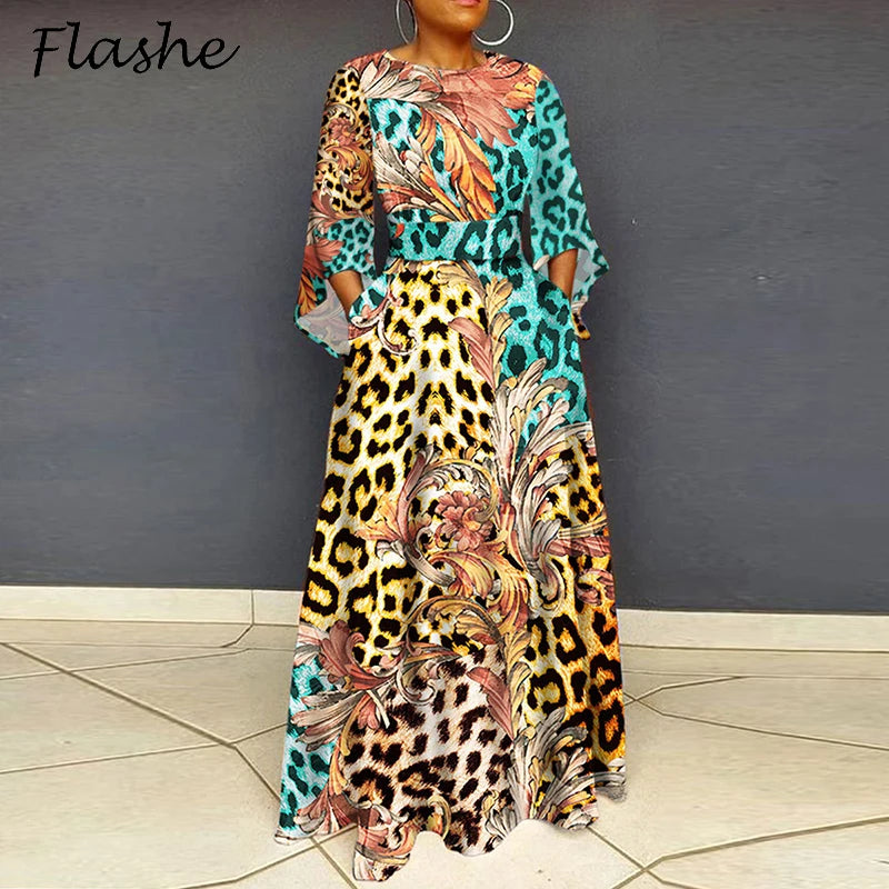 Vintage Women Party Dress Plus Size O Neck 3/4 Sleeve Leopard Print Maxi Long Dress Boho A-Line Pocket Party Dresses