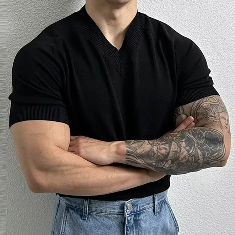 Men's Clothing Light Luxury Knit V Neck Short-sleeved T Shirt Solid Color Leisure Korean Popular Streetwear Retro Knitwear M-3XL