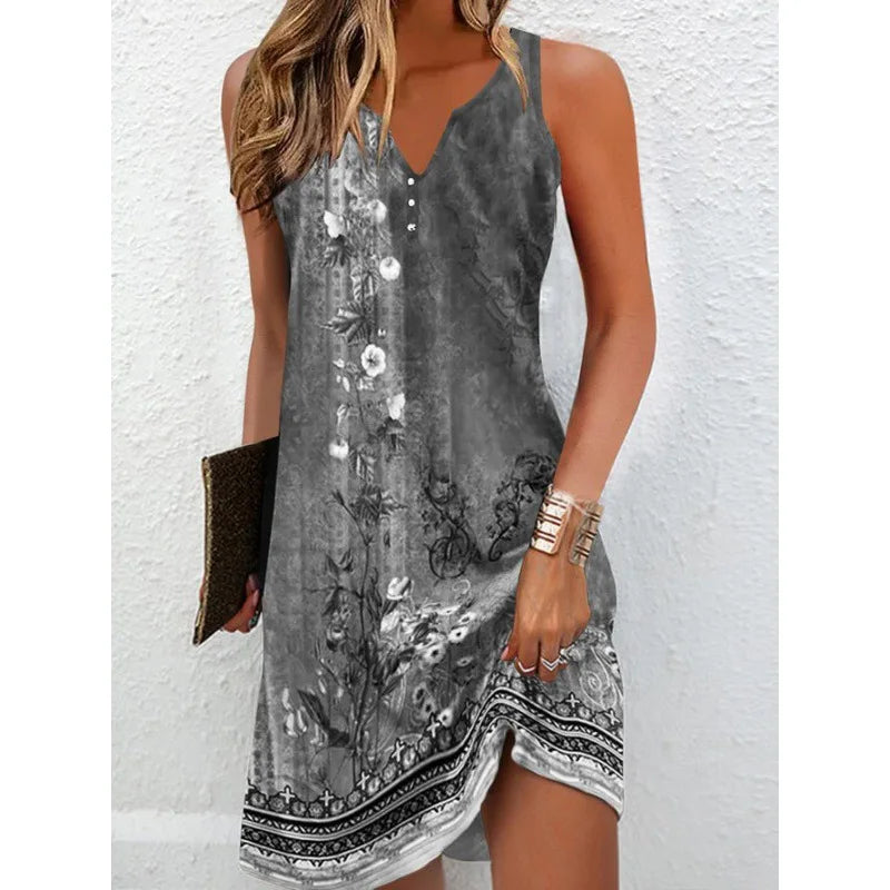 Women's Dresses 2023 Summer Vintage Flower Print Stitching V Neck Mini Dress Bohomian Sleeveless Button Plus Size Vestidos