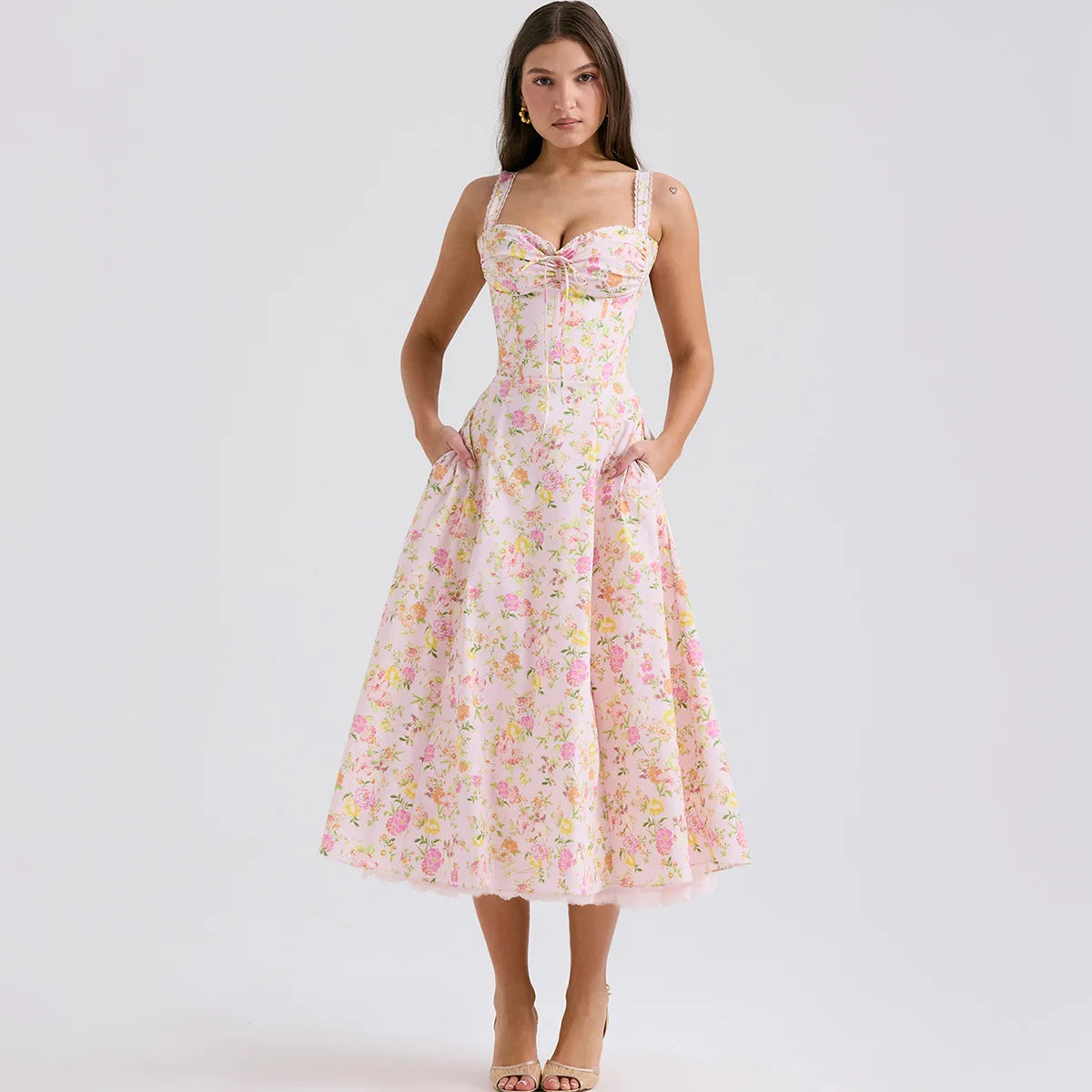 Summer Elegant Midi Dress New Arrivals Floral Print Casual Holiday Party Dress Flare Women Dress Wholesale