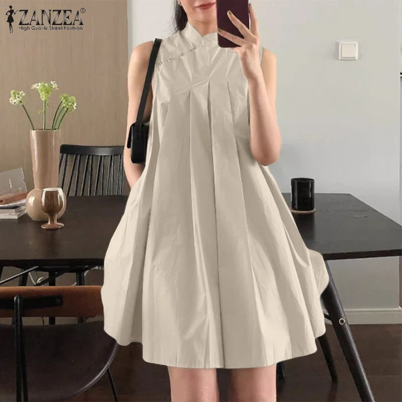 ZANZEA Elegant Sleeveless A-line Vestidos Women Pleating Party Dress Vintage Fashion Mandarin Collar Robe