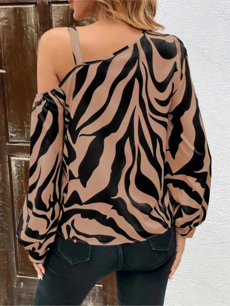 Sexy Women's Fashion Blouses Fall Summer Print Long-sleeve Off-shoulder Metal Buckle Shirts For Women Losse Pullover Streetwear