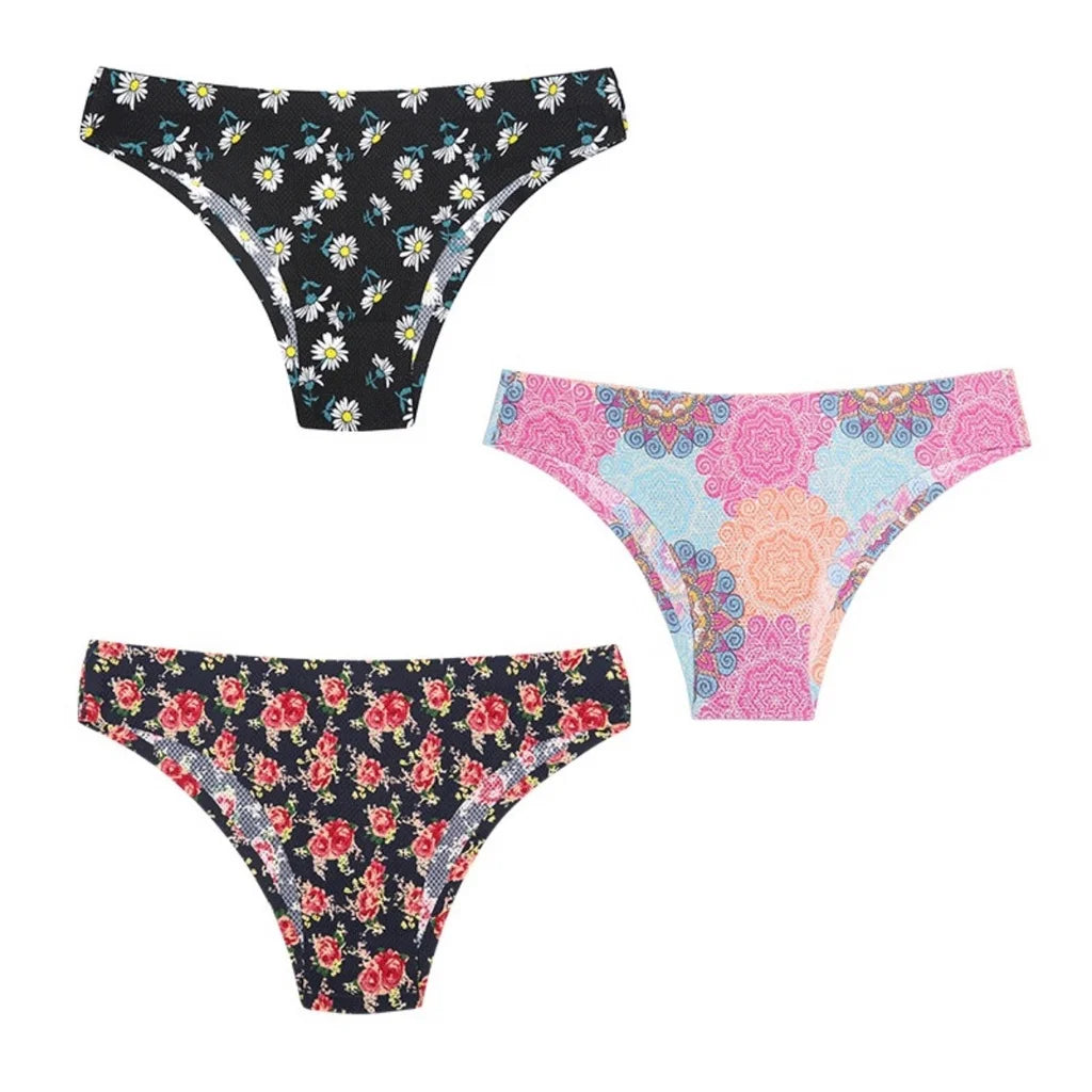3PCS Ice Silk panties Ultra thin Seamless Underwear Soft Breathable Sexy lingerie Printing Briefs Women XS-L