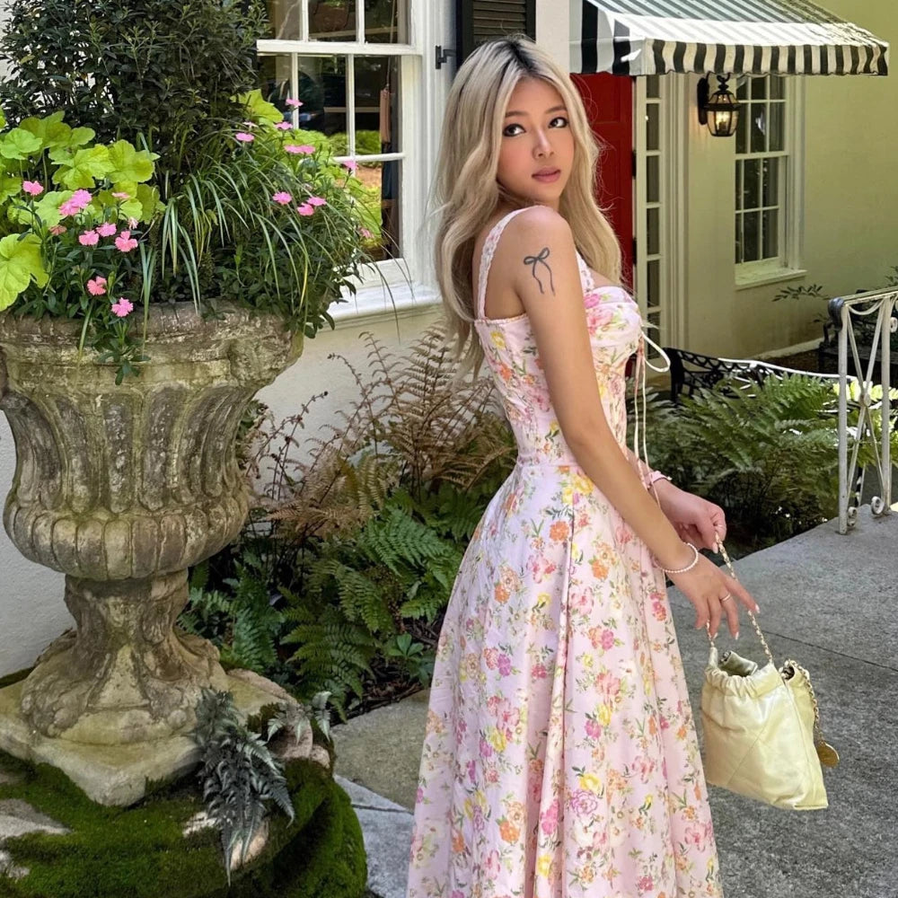 Summer Elegant Midi Dress New Arrivals Floral Print Casual Holiday Party Dress Flare Women Dress Wholesale