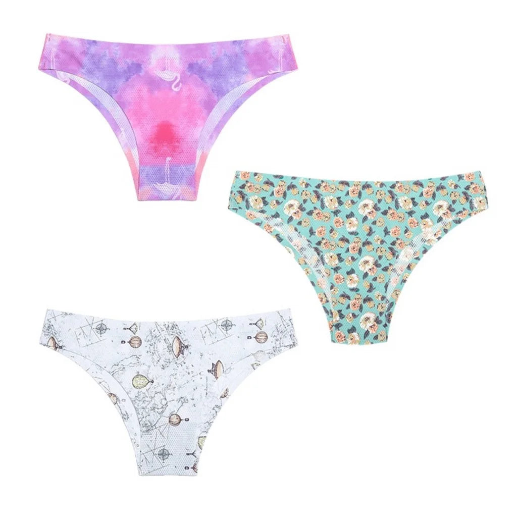 3PCS Ice Silk panties Ultra thin Seamless Underwear Soft Breathable Sexy lingerie Printing Briefs Women XS-L