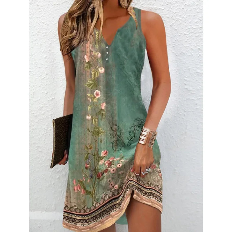 Women's Dresses 2023 Summer Vintage Flower Print Stitching V Neck Mini Dress Bohomian Sleeveless Button Plus Size Vestidos