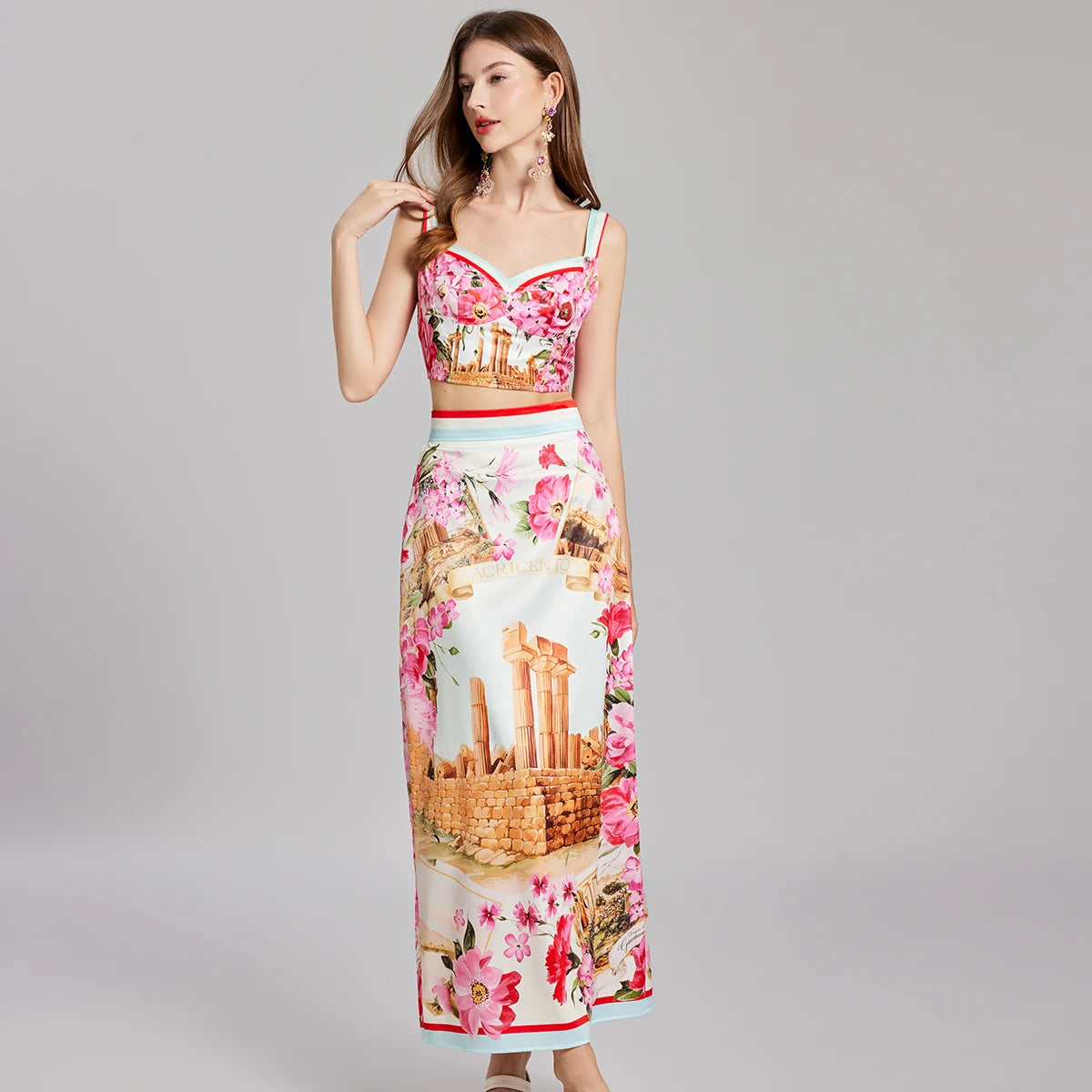 Summer Flower Two-piece Set Women Sexy Crop Tops Long Maxi Skirts Suits Floral Print Architecture Midi Matching Sets Lady