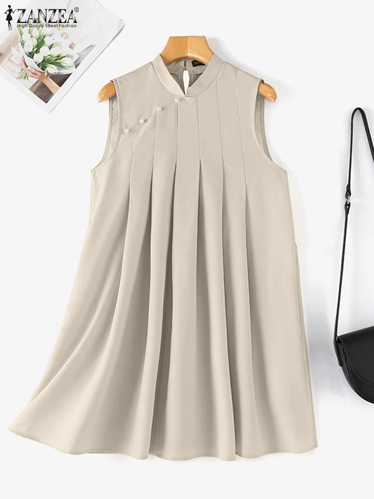 ZANZEA Elegant Sleeveless A-line Vestidos Women Pleating Party Dress Vintage Fashion Mandarin Collar Robe