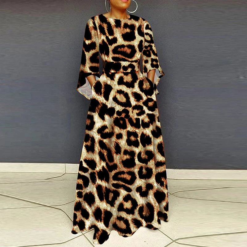 Vintage Women Party Dress Plus Size O Neck 3/4 Sleeve Leopard Print Maxi Long Dress Boho A-Line Pocket Party Dresses