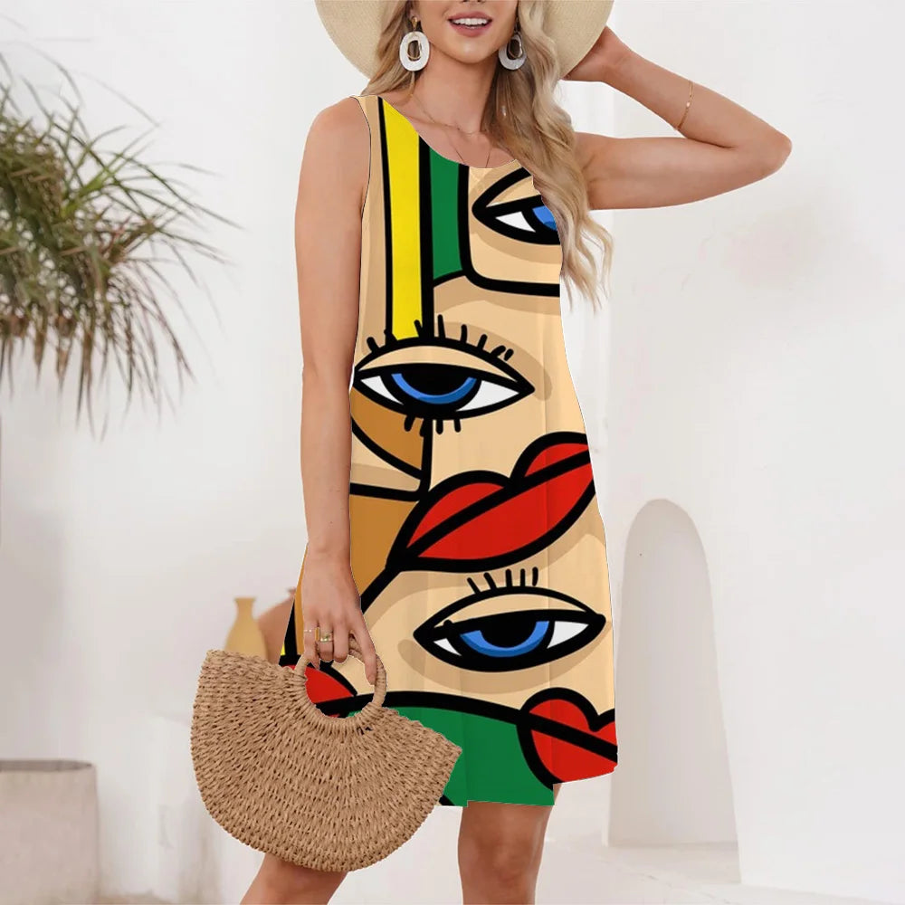 Abstract Art Face Pattern Printed Round Neck Dress Elegant Short Sleeve Summer Loose Comfortable Dress Women's Clothing