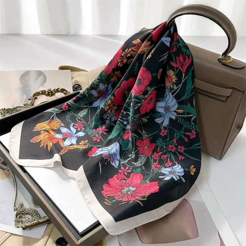 Luxury Print Silk Feeling Square Scarf Women Spring Neck Tie Shawl Wraps Female 70cm Hair Hand Wrist Headkercheif Hijab Bandana