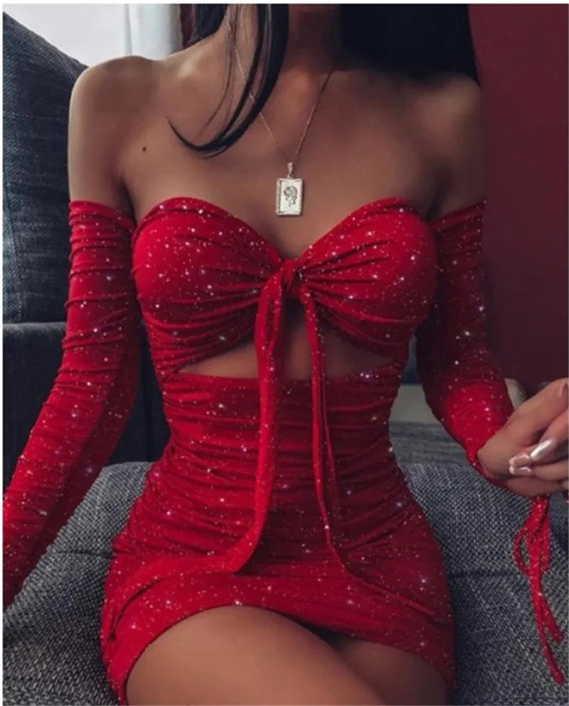 Sexy Women's Spring/Summer Long Sleeved Bright Crystal Bra Lace Hollow Mini Dress Elegant Red Long Sleeved Slim Fit Vestidos 3XL