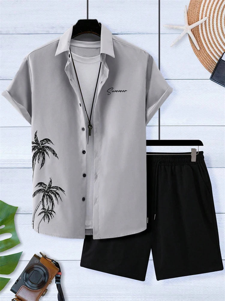Summer New Men's Short Sleeve Shirt and Shorts 2 Piece Set Fashion Coconut Tree Print Lapel Shirt Beach Drawstring Shorts Set
