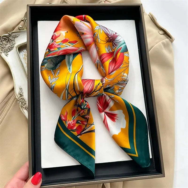Luxury Print Silk Feeling Square Scarf Women Spring Neck Tie Shawl Wraps Female 70cm Hair Hand Wrist Headkercheif Hijab Bandana