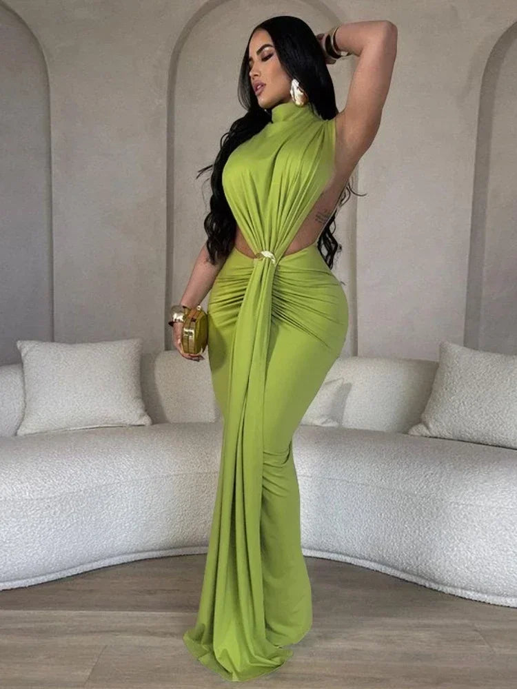 Women O-neck High Split Ruched Stacked Bodycon Midi Maxi Dress 2024 Evening Party Club Vestidos Sexy Chic Long Dresses