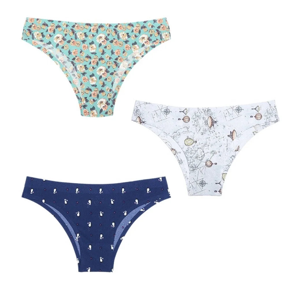 3PCS Ice Silk panties Ultra thin Seamless Underwear Soft Breathable Sexy lingerie Printing Briefs Women XS-L