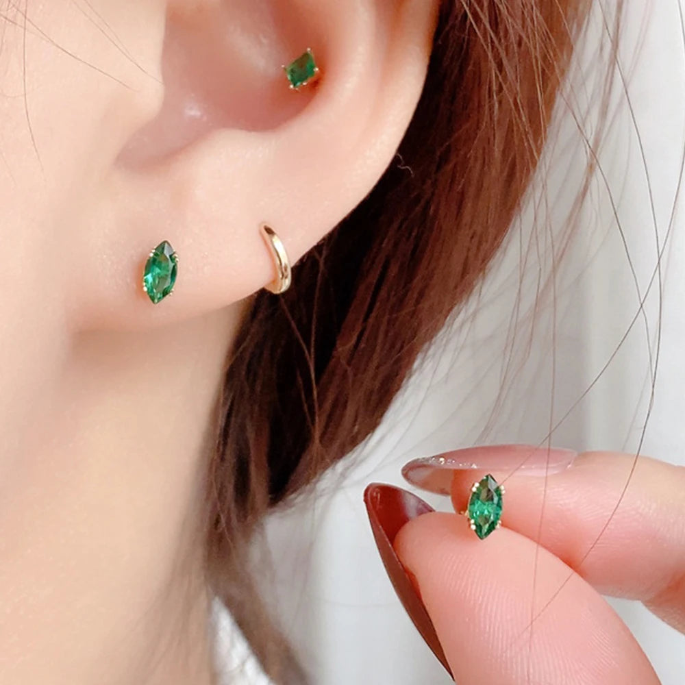 CCFJOYAS 100% 925 Sterling Silver Emerald Marquise Stud Earrings Simple INS Green Zircon Gold Piercing Earrings Fine Jewelry