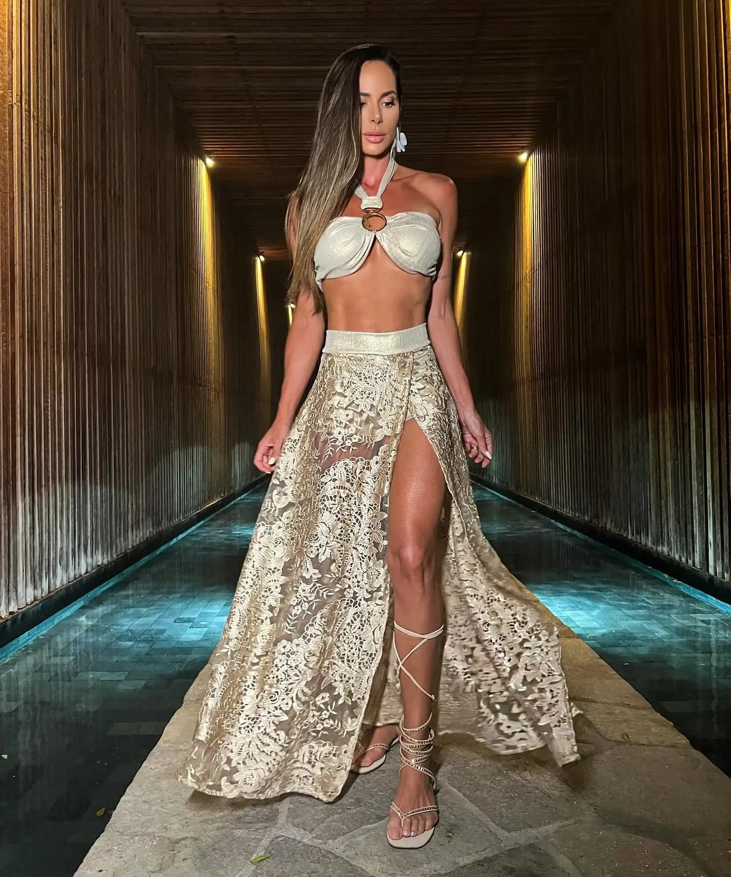 Summer New 2/3 Pieces Skirt Sets Long Skirt With Top V-neck Women's Dress High Waist Split Dresses Beach Outing Sundress