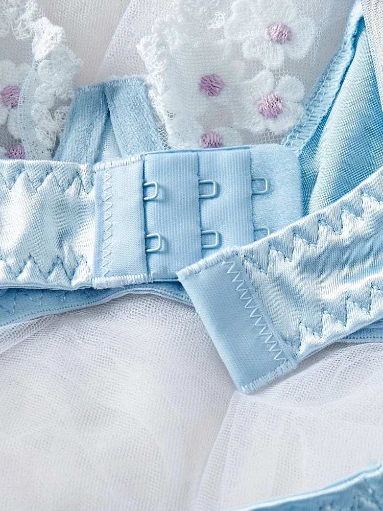 Sexy Blue Lingerie Set Fancy Seamless Underwear Luxury Satin Exotic Sets Delicate Embroidery Matching Outfits Push Up Bra Set