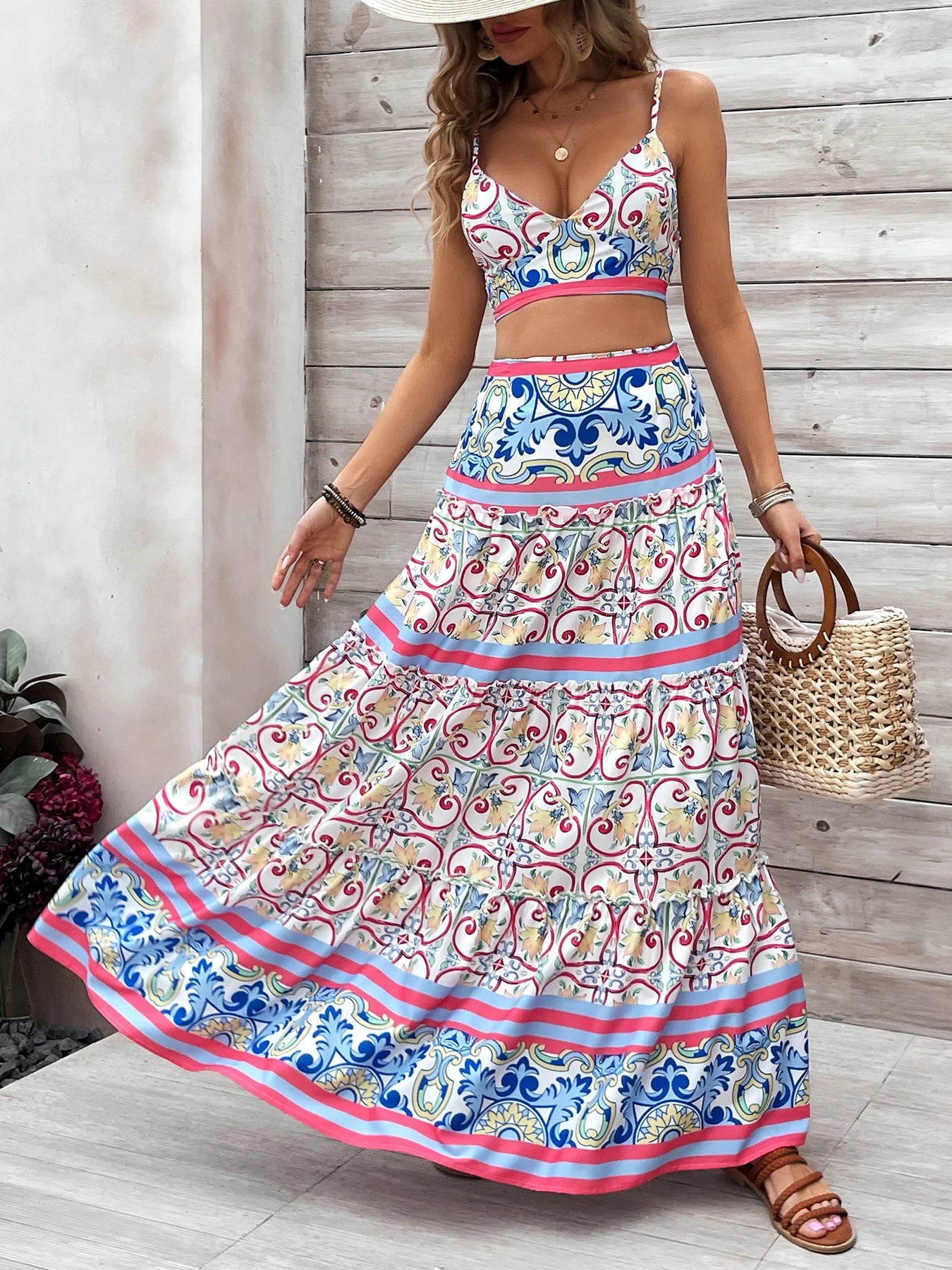 Summer New 2/3 Pieces Skirt Sets Long Skirt With Top V-neck Women's Dress High Waist Split Dresses Beach Outing Sundress